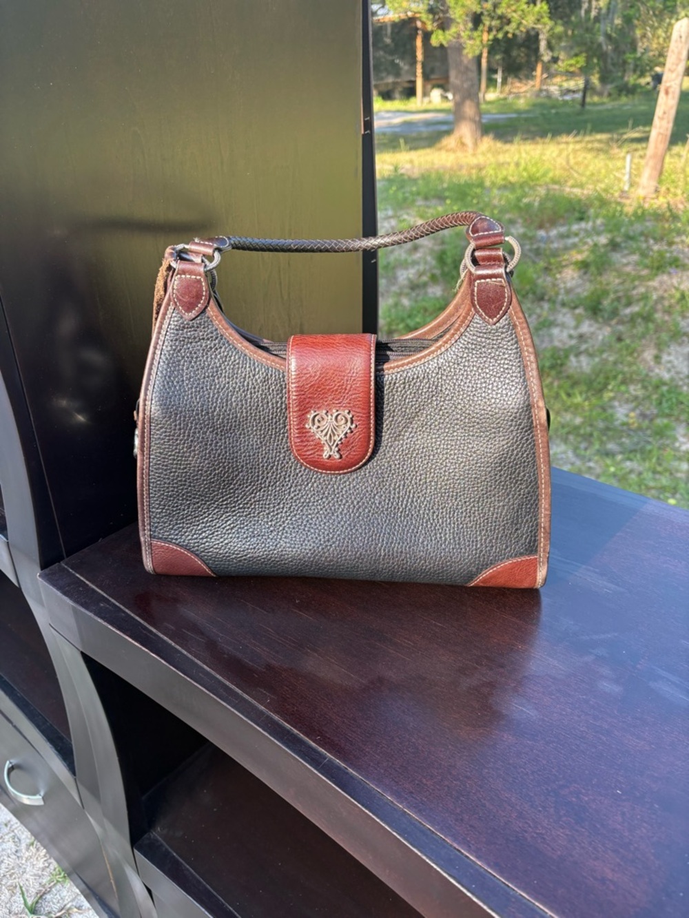 Classic Two-Tone Black and Brown Leather Shoulder Bag